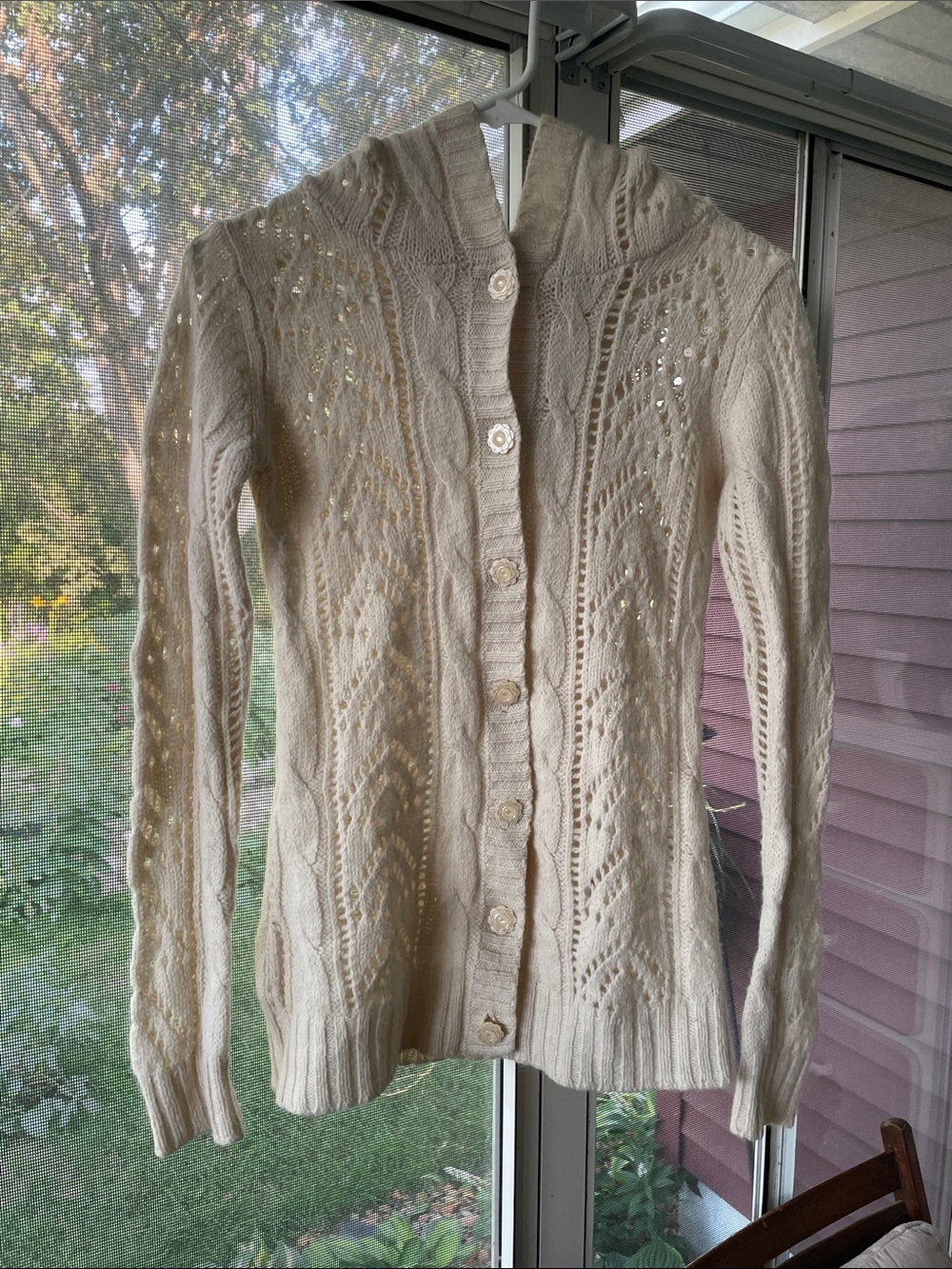 Anthropologie Moth Cream Openwork Button-Up Hooded Cardigan